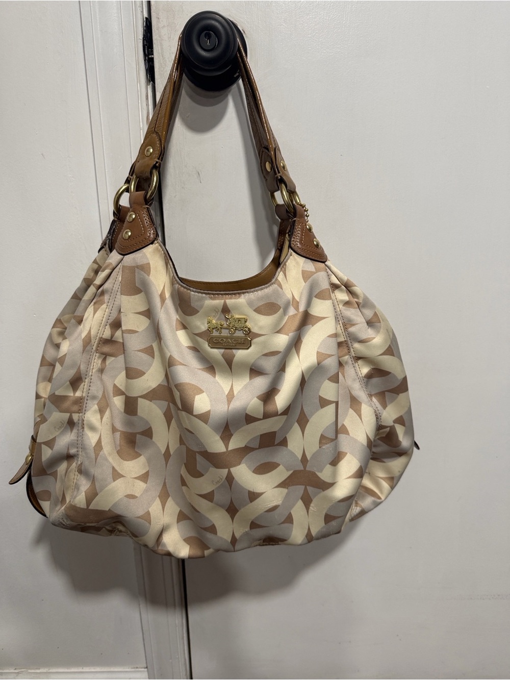 Coach Beige & Tan Signature Pattern Hobo Bag